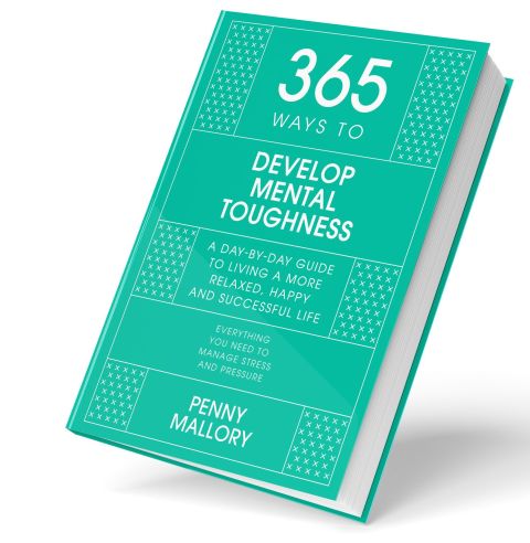 Mock up of a book with a blue cover titled 365 Ways To Develop Mental Toughness by Penny Mallory.